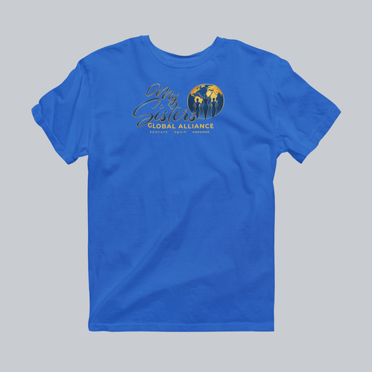 My Sisters Global Alliance gold logo performance tee in royal blue on neutral gray background