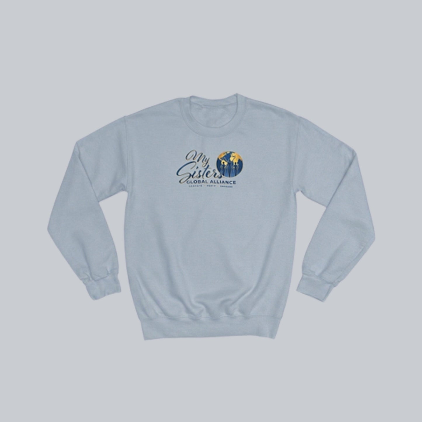 My Sisters Global Alliance blue logo premium crewneck sweatshirt in Stone Blue on neutral gray background