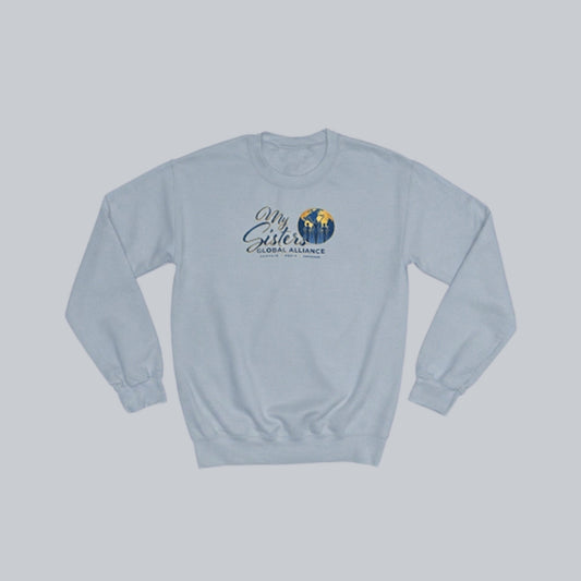 My Sisters Global Alliance blue logo premium crewneck sweatshirt in Stone Blue on neutral gray background