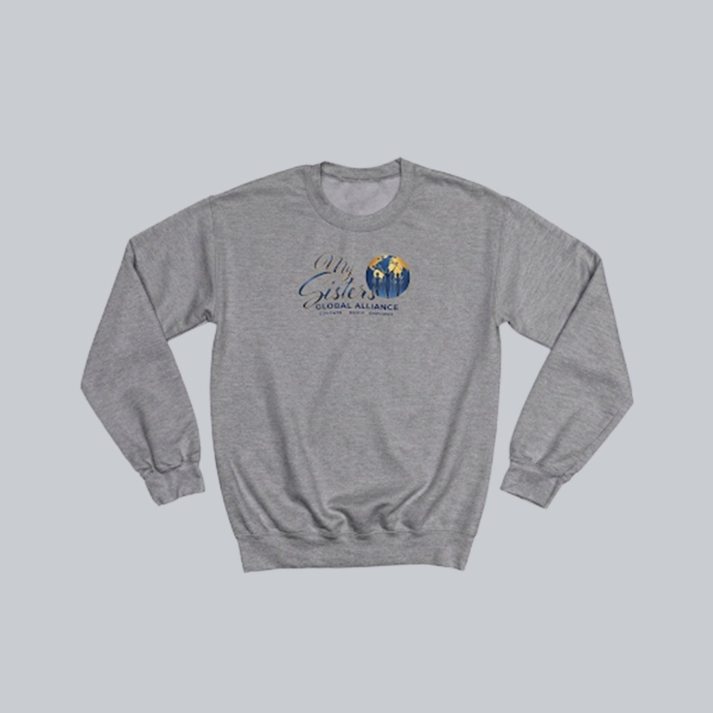 My Sisters Global Alliance blue logo premium crewneck sweatshirt in sports gray on neutral gray background