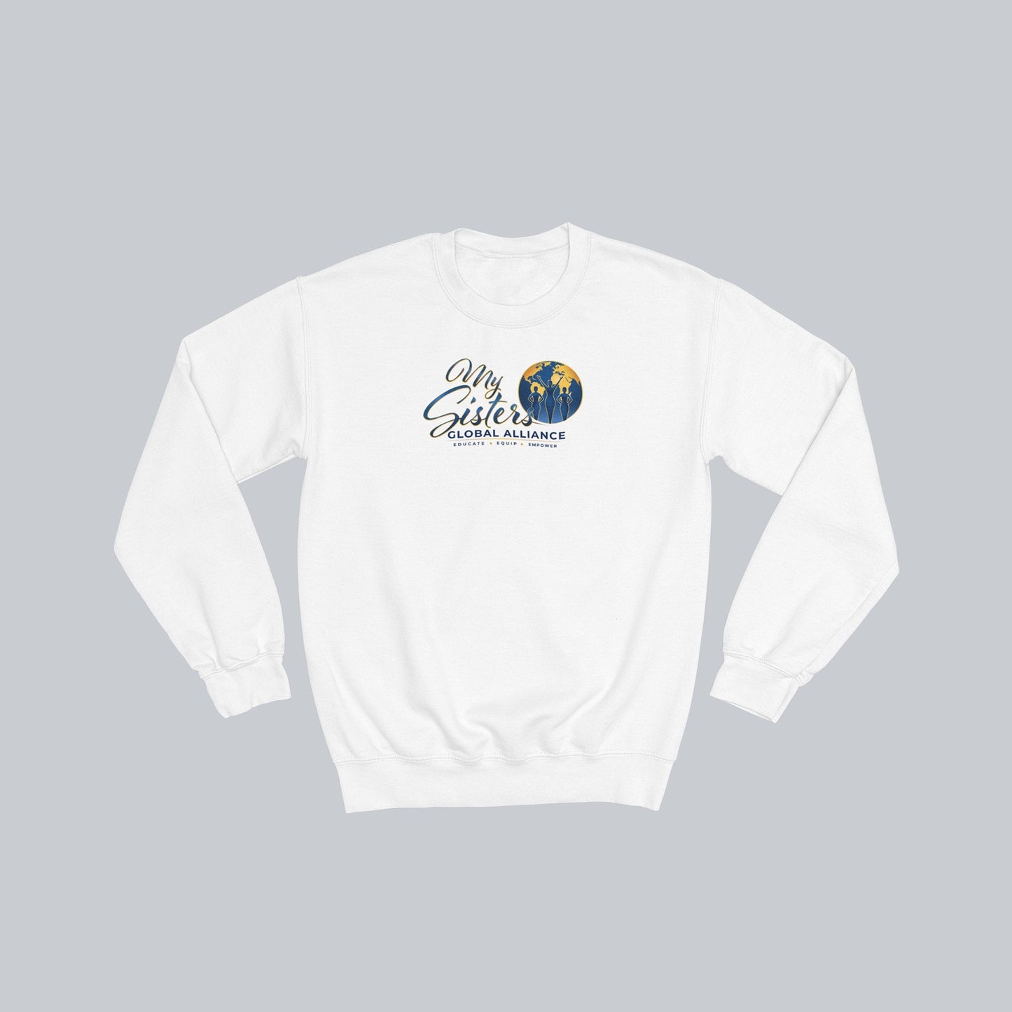 My Sisters Global Alliance blue logo premium crewneck sweatshirt in white on neutral gray background