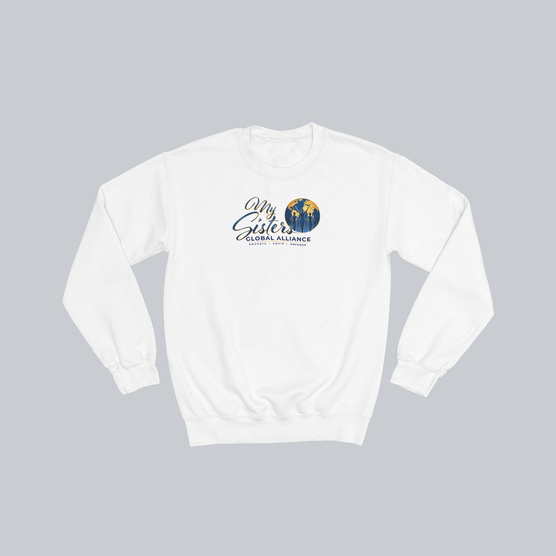 My Sisters Global Alliance blue logo premium crewneck sweatshirt in white on neutral gray background