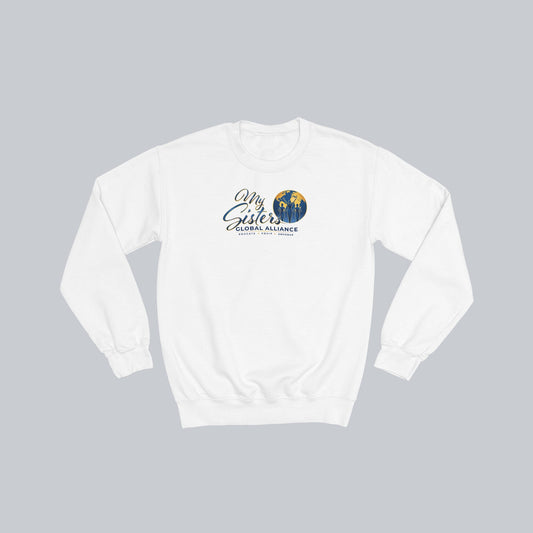 My Sisters Global Alliance blue logo premium crewneck sweatshirt in white on neutral gray background