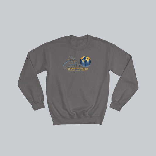 My Sisters Global Alliance gold logo premium crewneck sweatshirt in charcoal on neutral gray background