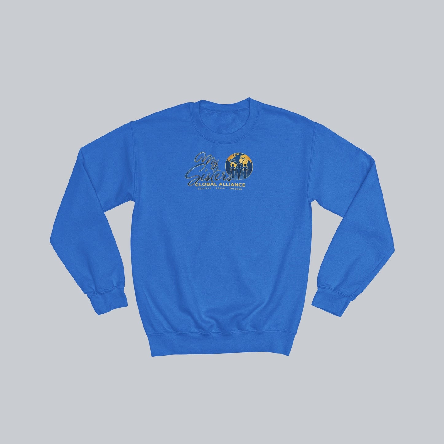 My Sisters Global Alliance gold logo premium crewneck sweatshirt in royal blue on neutral gray background