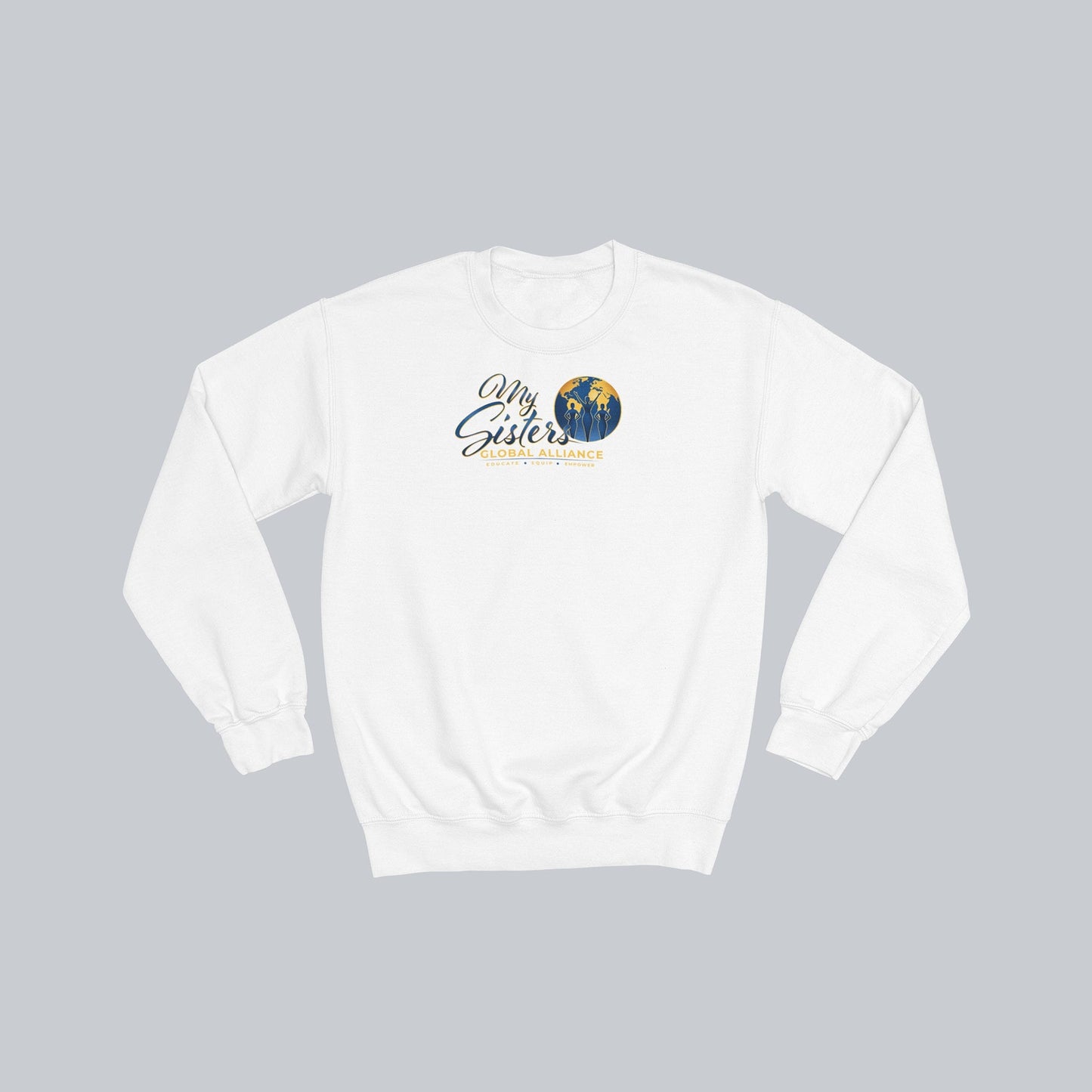 My Sisters Global Alliance gold logo premium crewneck sweatshirt in white on neutral gray background
