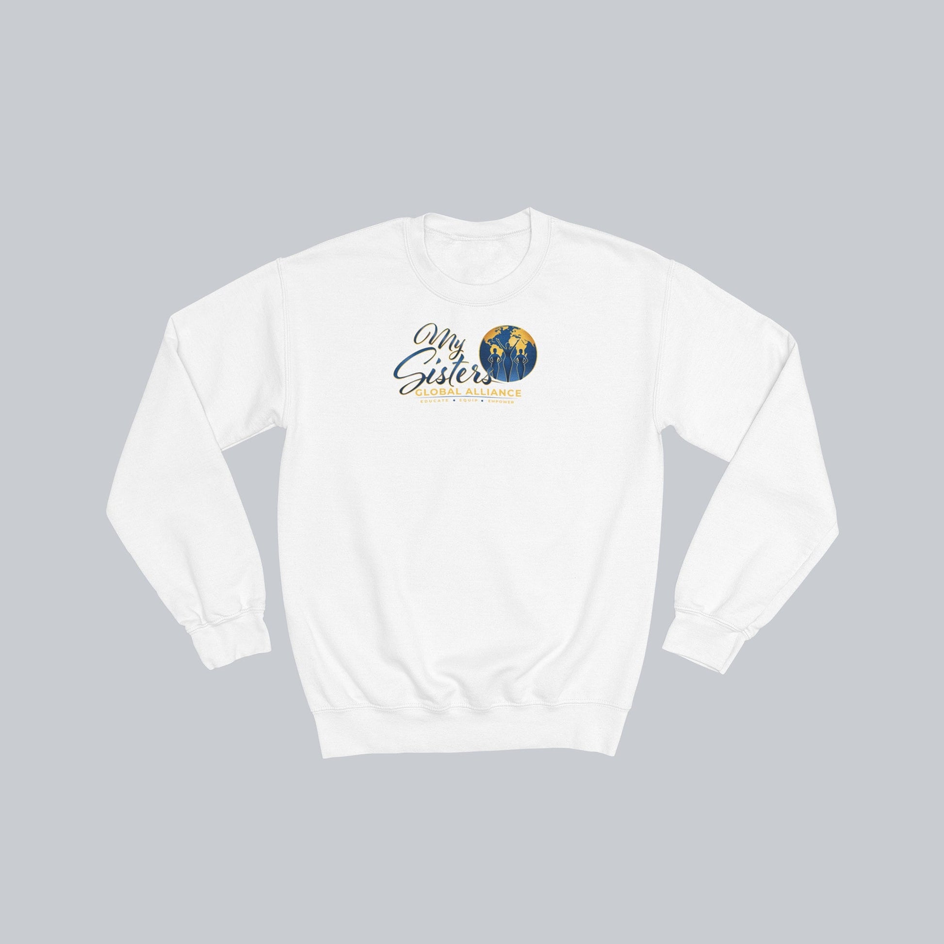 My Sisters Global Alliance gold logo premium crewneck sweatshirt in white on neutral gray background