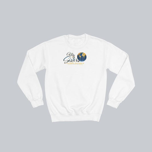 My Sisters Global Alliance gold logo premium crewneck sweatshirt in white on neutral gray background