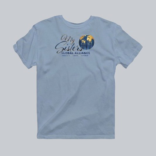 My Sisters Global Alliance blue logo premium tee in Stone Blue on neutral gray background