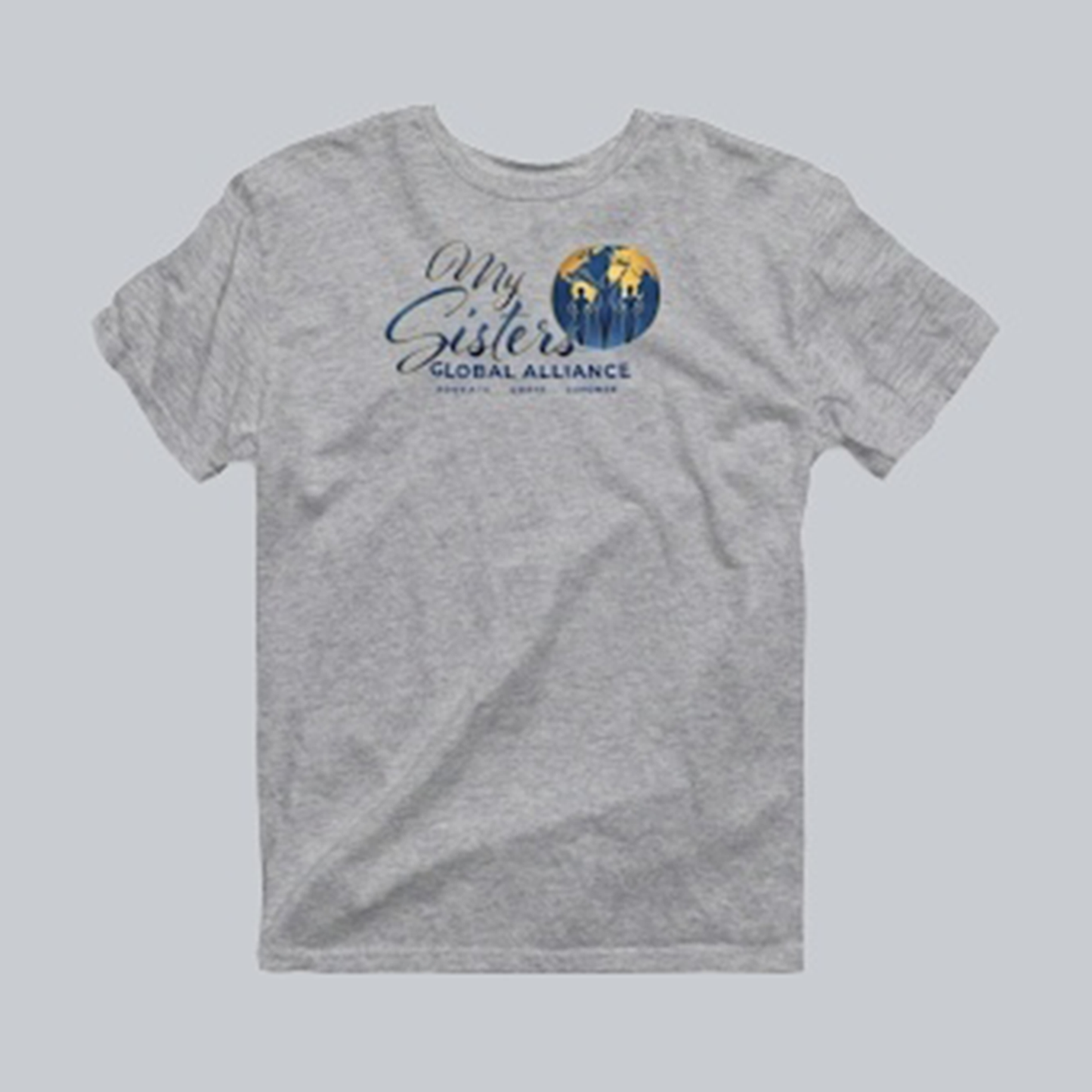 My Sisters Global Alliance blue logo premium tee in sports gray on neutral gray background