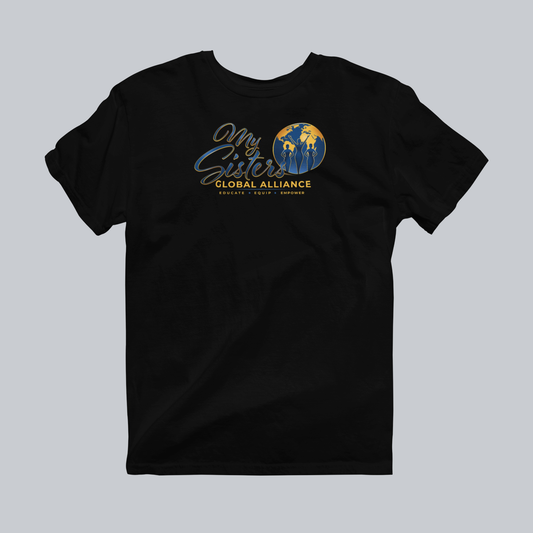 My Sisters Global Alliance gold logo premium tee in black on neutral gray background