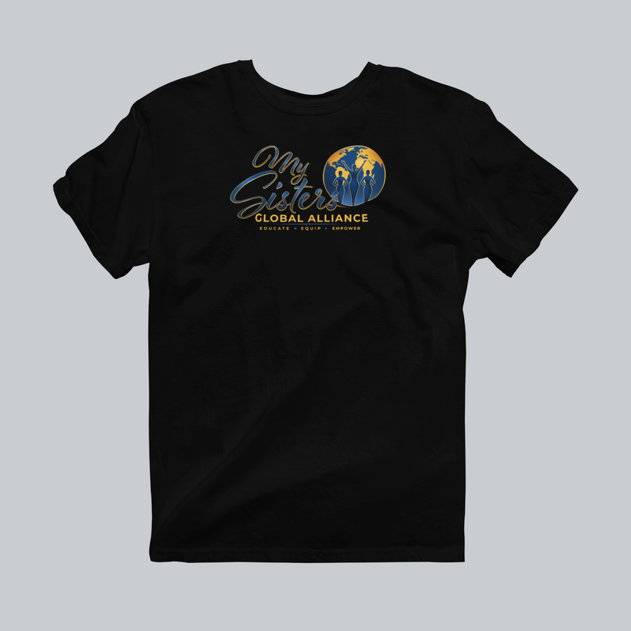 My Sisters Global Alliance gold logo premium tee in black on neutral gray background