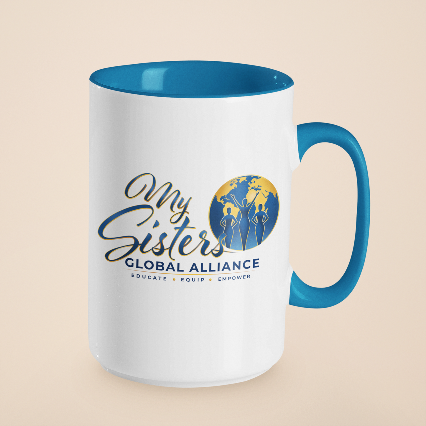 MySGA 15 oz ceramic mug with blue interior, rim, and handle