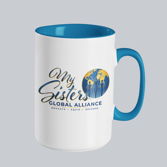 MySGA 15 oz ceramic mug with blue interior, rim, and handle on approved light gray background