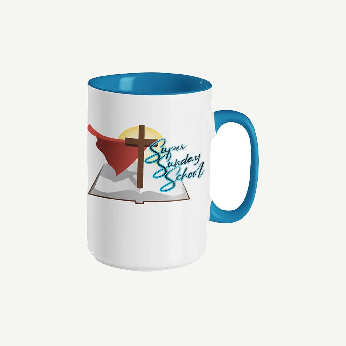 Super Sunday School logo mug with blue interior and handle