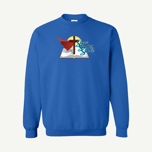 Super Sunday School crewneck sweatshirt in royal blue