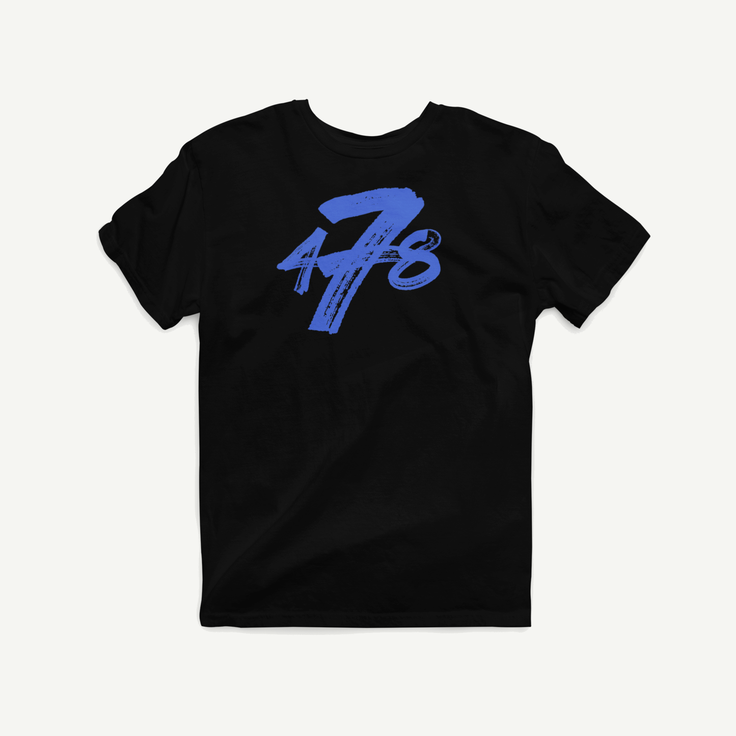 Macon Apparel Company Four Seven Eight T-shirt in black with blue print, front view