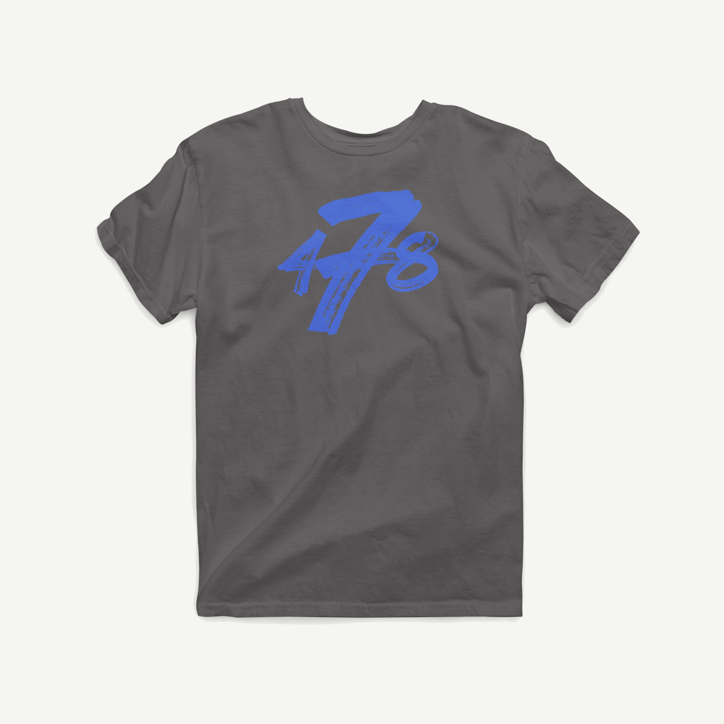 Macon Apparel Company Four Seven Eight T-shirt in charcoal with blue print, front view