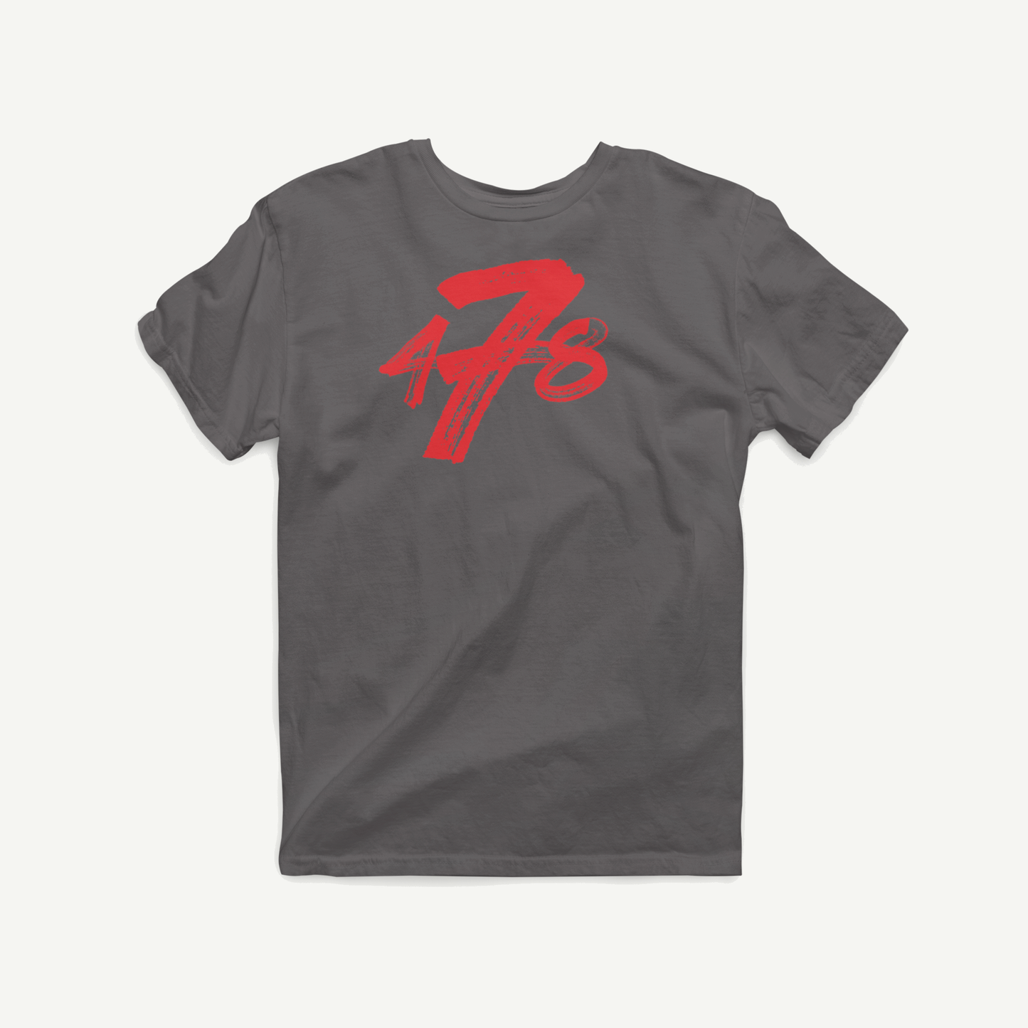 Macon Apparel Company Four Seven Eight T-shirt in charcoal with red print, front view