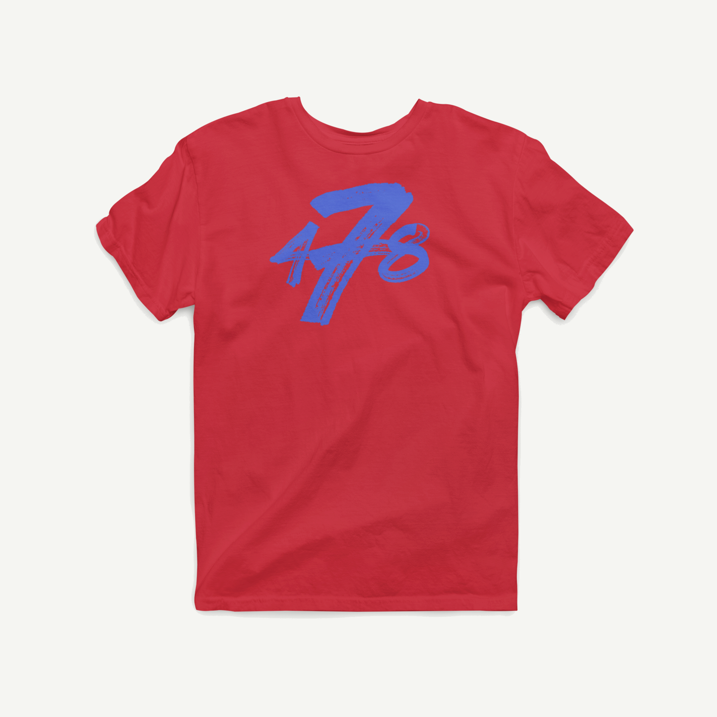Macon Apparel Company Four Seven Eight T-shirt in red with blue print, front view