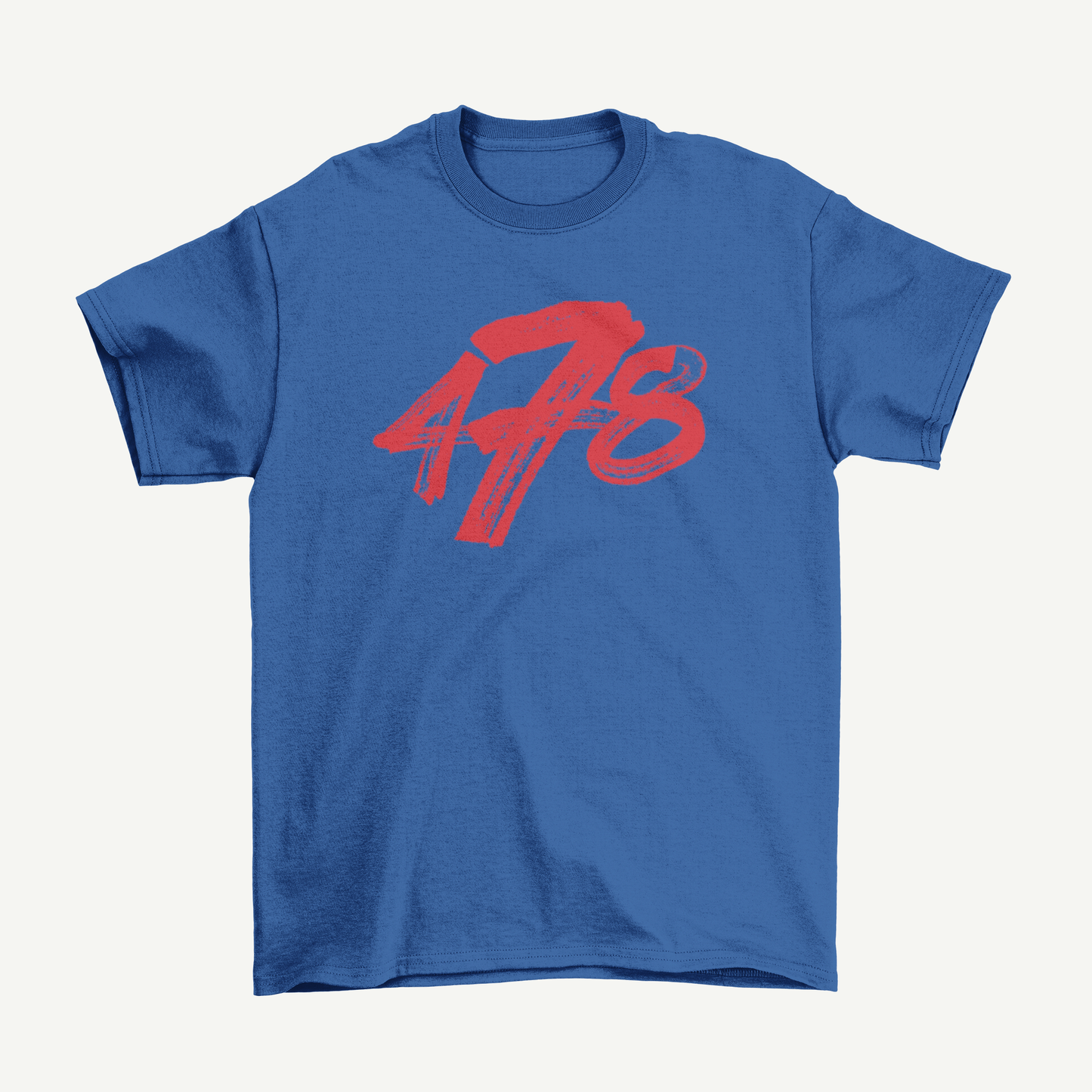Macon Apparel Company Four Seven Eight T-shirt in royal blue with red print, front view