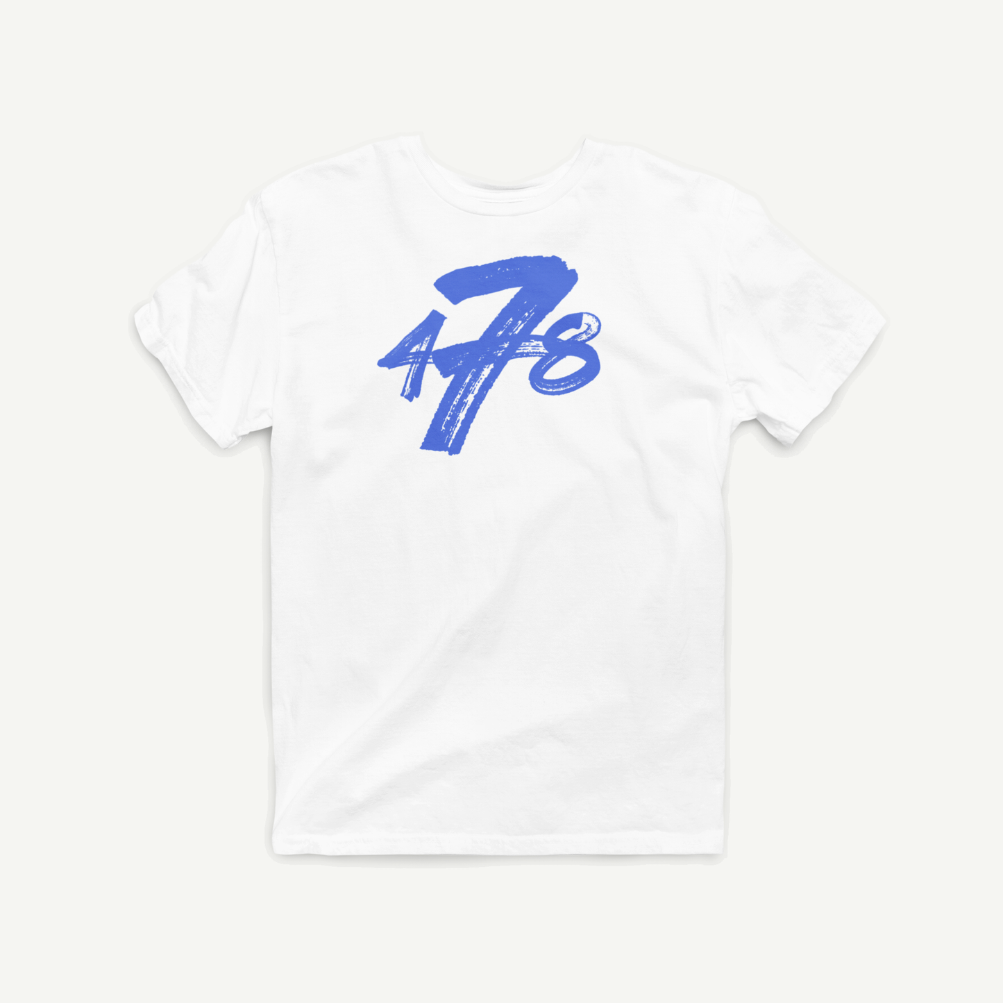 Macon Apparel Company Four Seven Eight T-shirt in white with blue print, front view