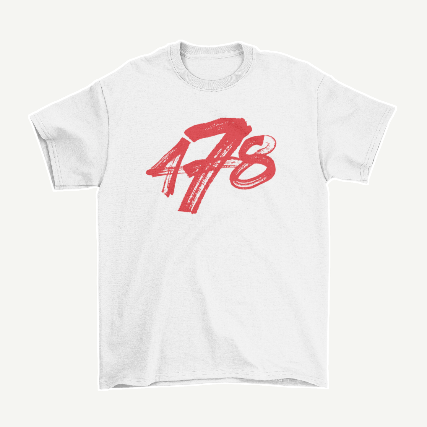 Macon Apparel Company Four Seven Eight T-shirt in white with red print, front view