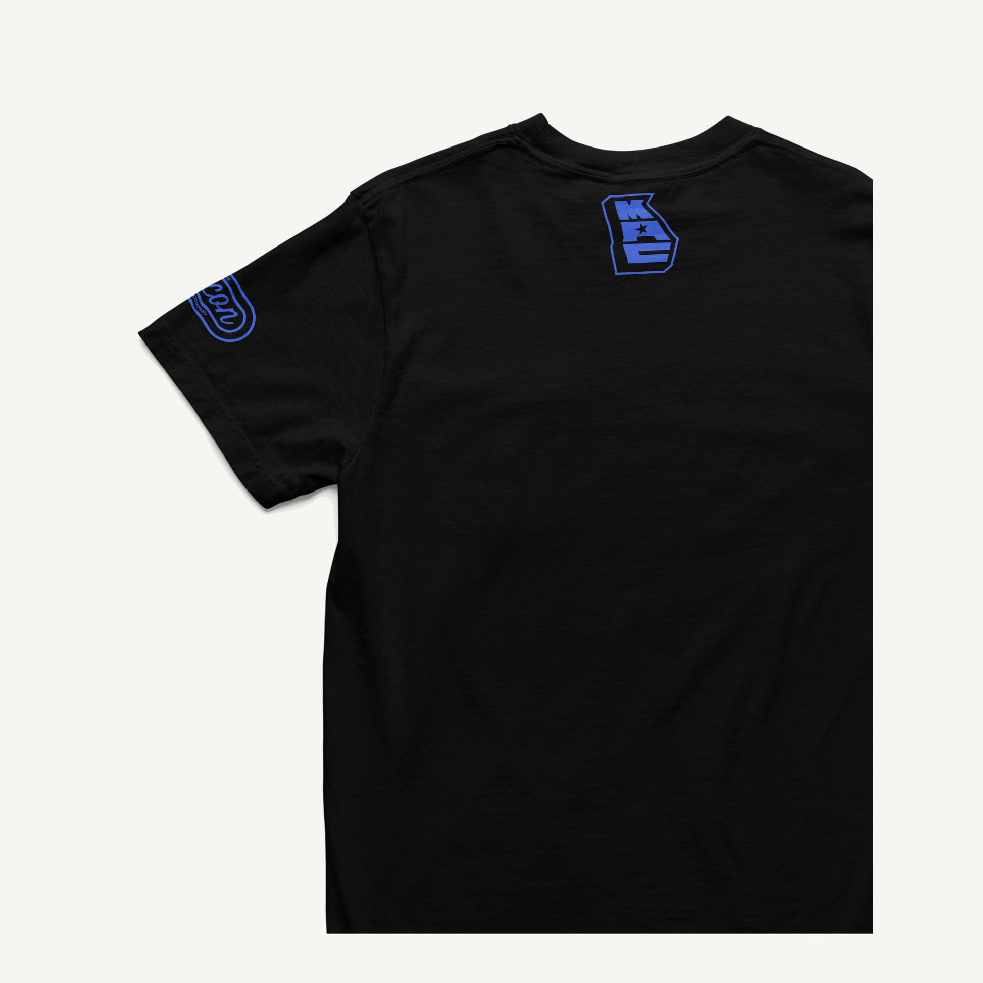 Macon Apparel Company Four Seven Eight T-shirt in black with blue print, back and left-sleeve view