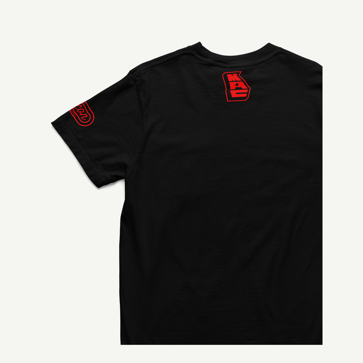 Macon Apparel Company Four Seven Eight T-shirt in black with red print, back and left-sleeve view