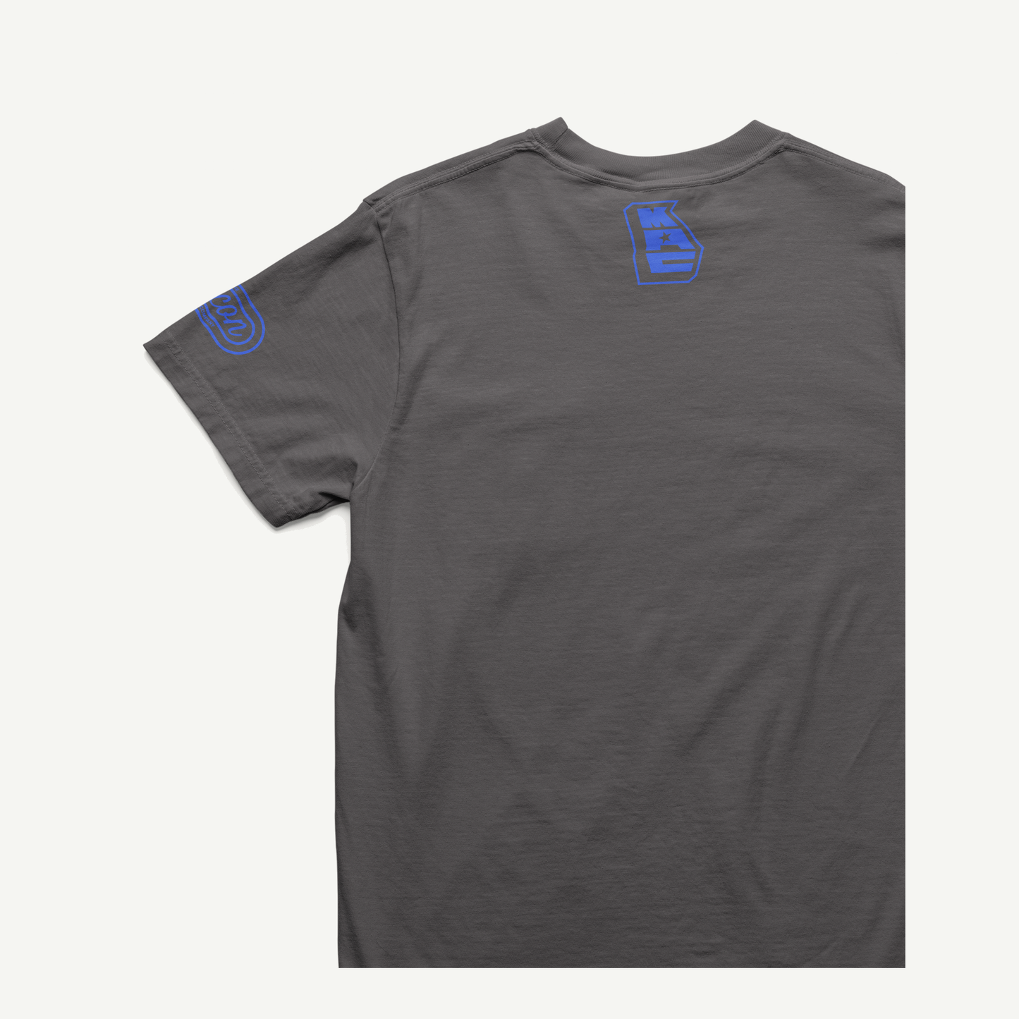Macon Apparel Company Four Seven Eight T-shirt in charcoal with blue print, back and left-sleeve view