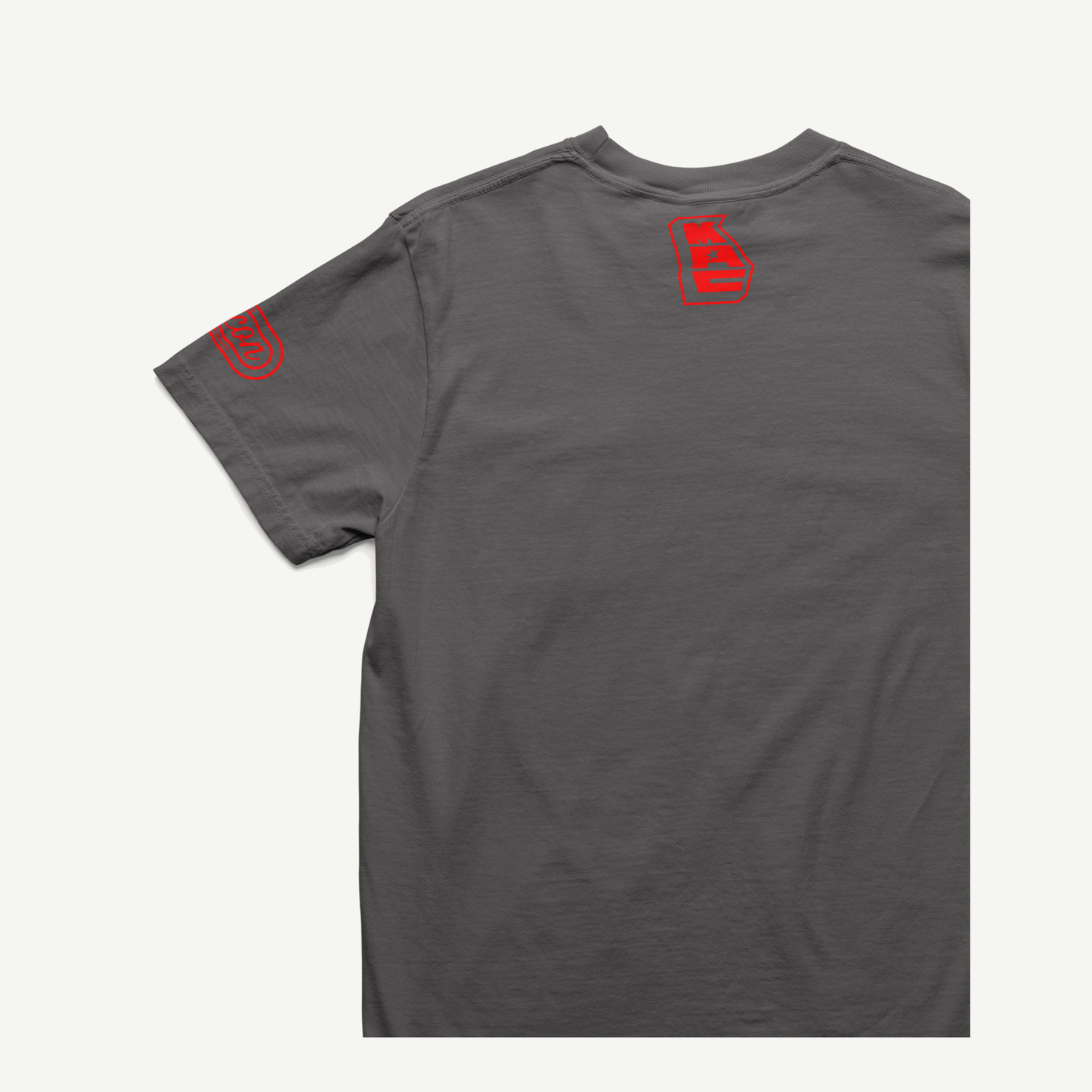 Macon Apparel Company Four Seven Eight T-shirt in charcoal with red print, back and left-sleeve view