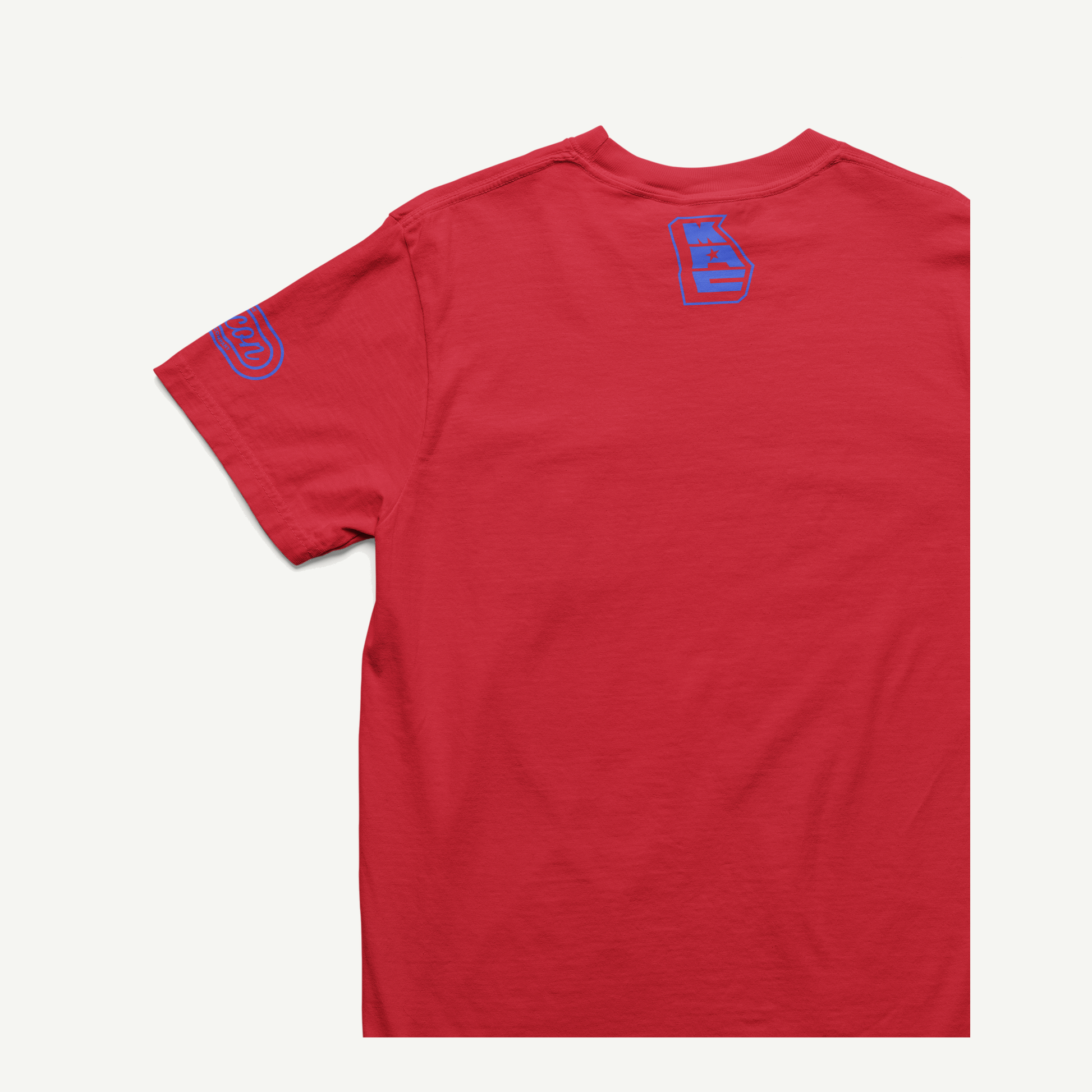 Macon Apparel Company Four Seven Eight T-shirt in red with blue print, back and left-sleeve view
