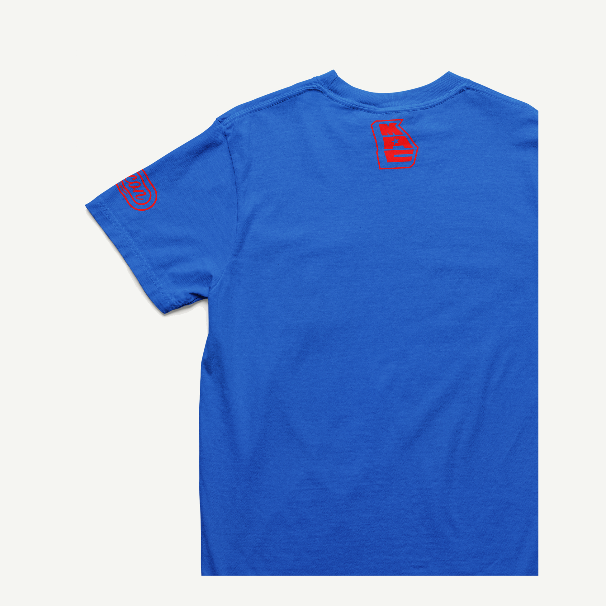 Macon Apparel Company Four Seven Eight T-shirt in royal blue with red print, back and left-sleeve view