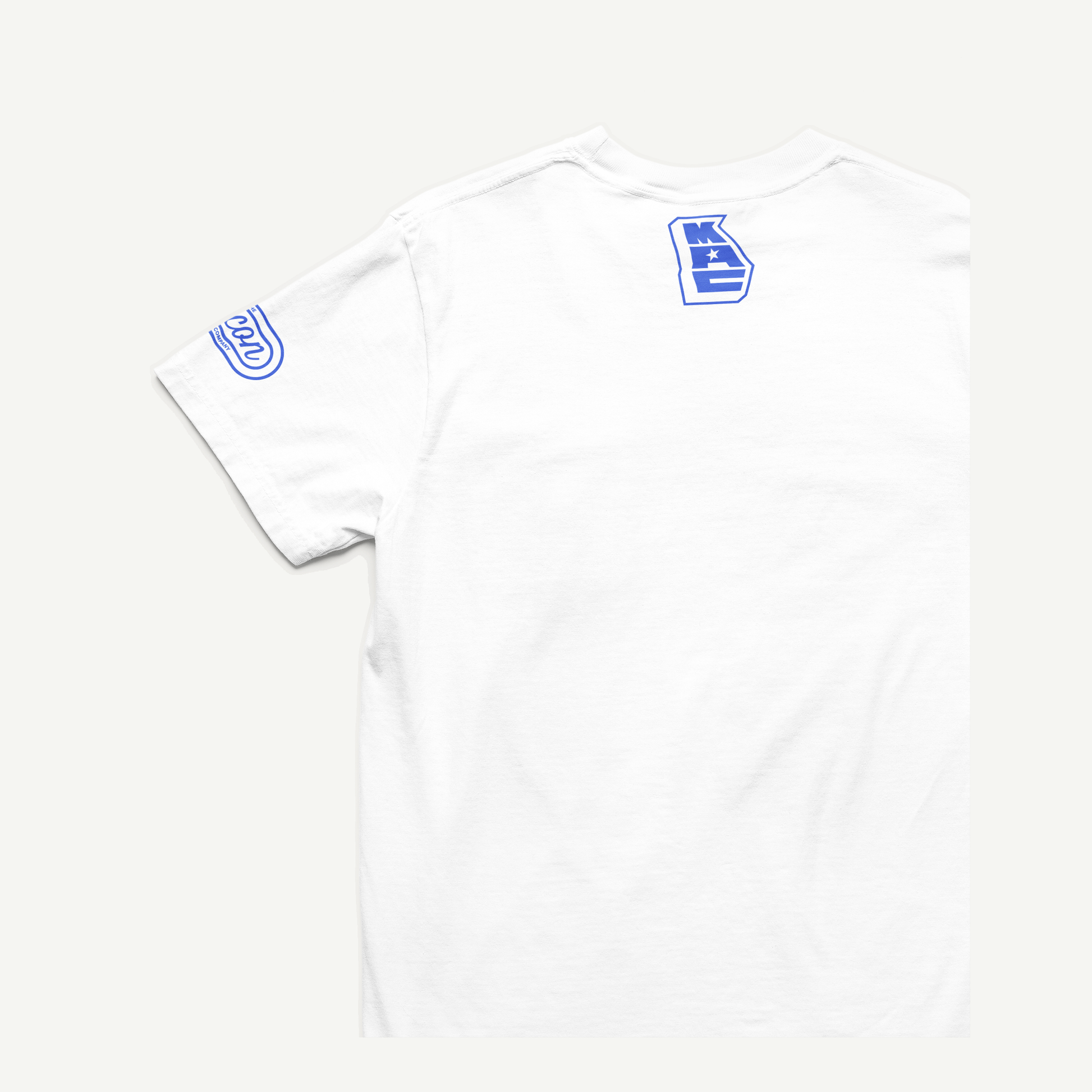 Macon Apparel Company Four Seven Eight T-shirt in white with blue print, back and left-sleeve view
