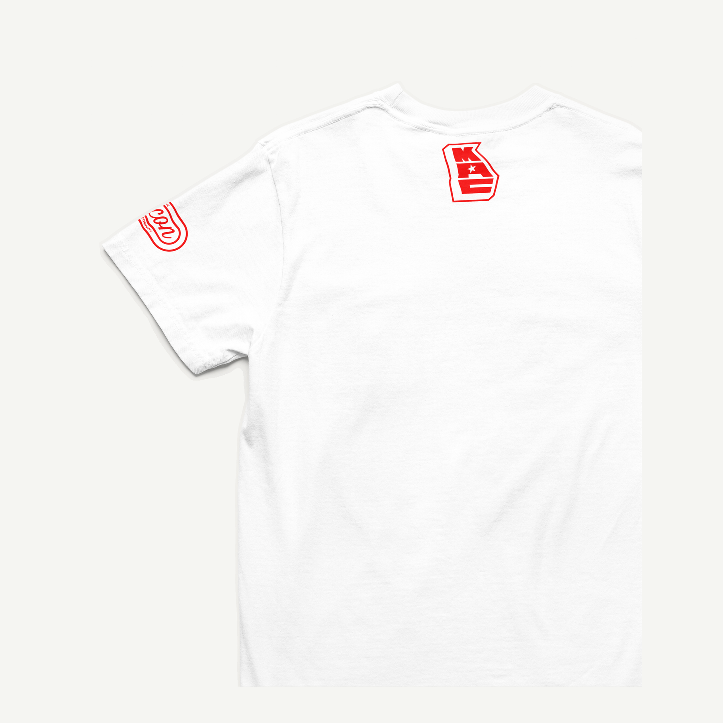 Macon Apparel Company Four Seven Eight T-shirt in white with red print, back and left-sleeve view
