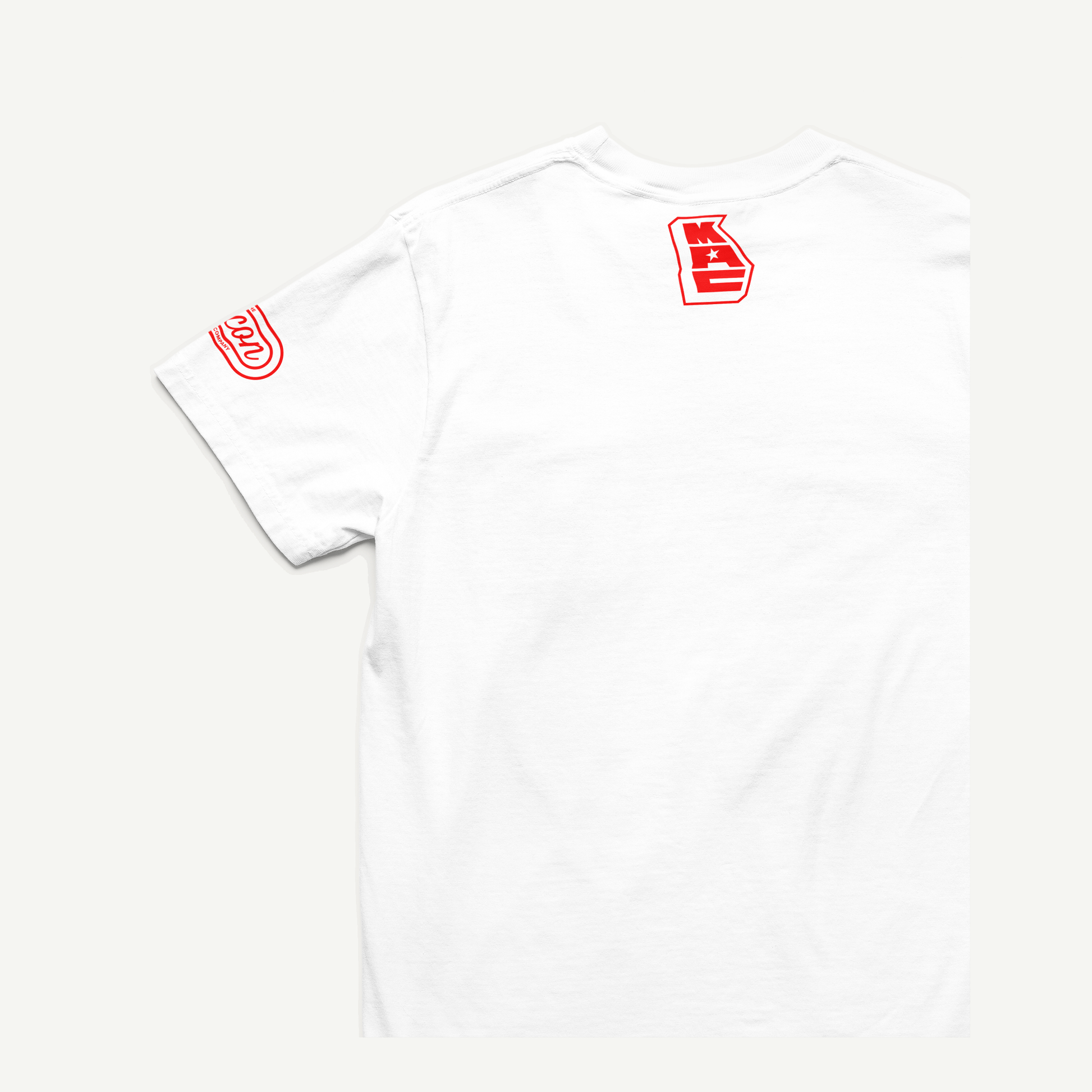 Macon Apparel Company Four Seven Eight T-shirt in white with red print, back and left-sleeve view