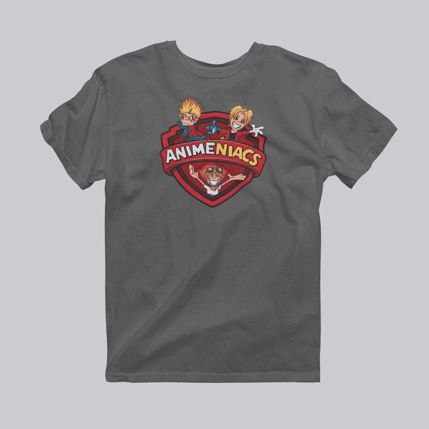 AniMENiacs: Armed & Nerdy Premium Graphic Tee in charcoal