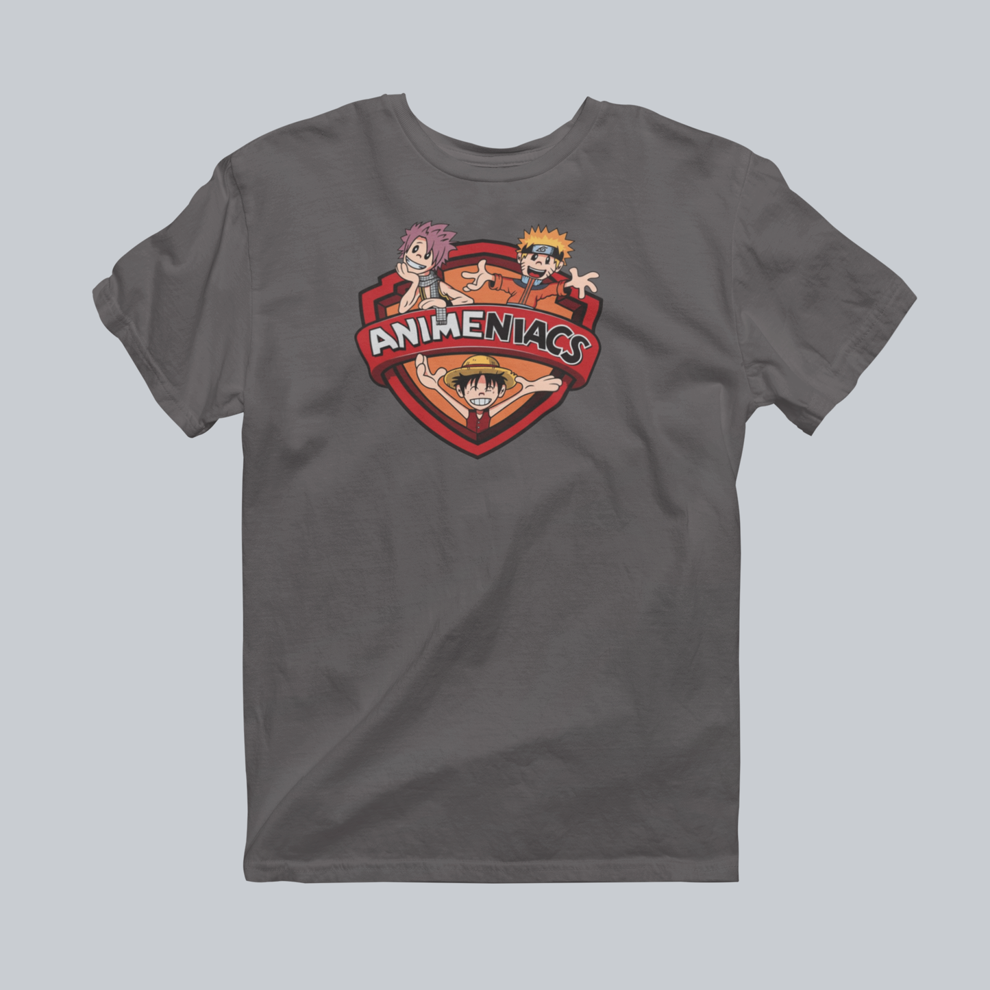 AniMENiacs: Fists, Feasts & Friendship Premium Graphic Tee in charcoal