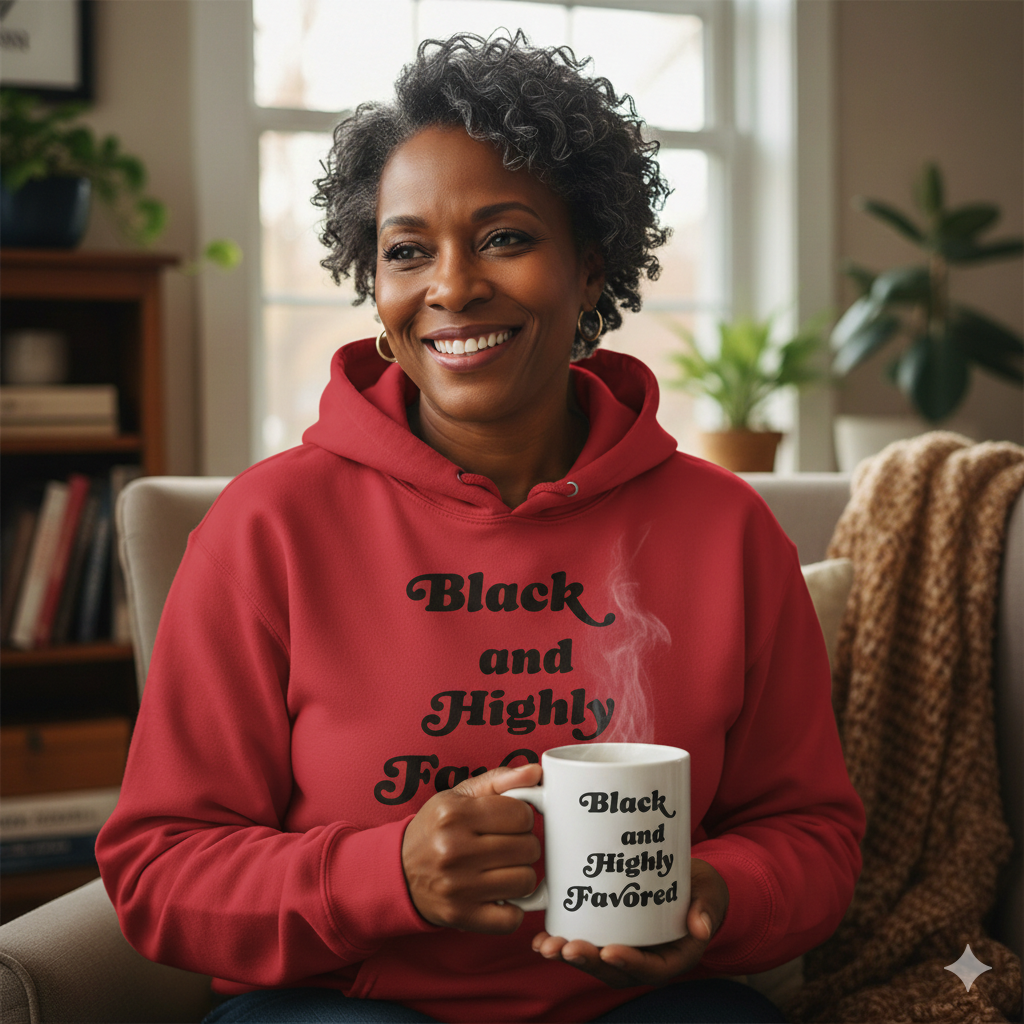 Black and Highly Favored red hoodie lifestyle cover