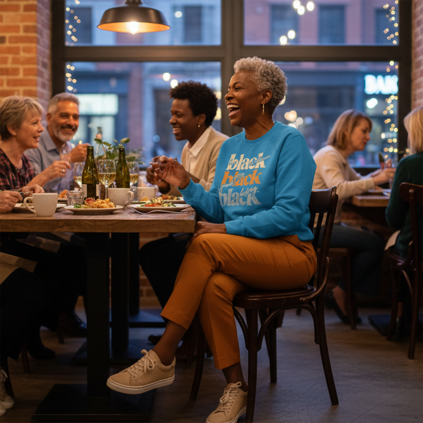 Woman wearing a sapphire Black Love, Excellence, Joy, Pride and History premium crewneck sweatshirt