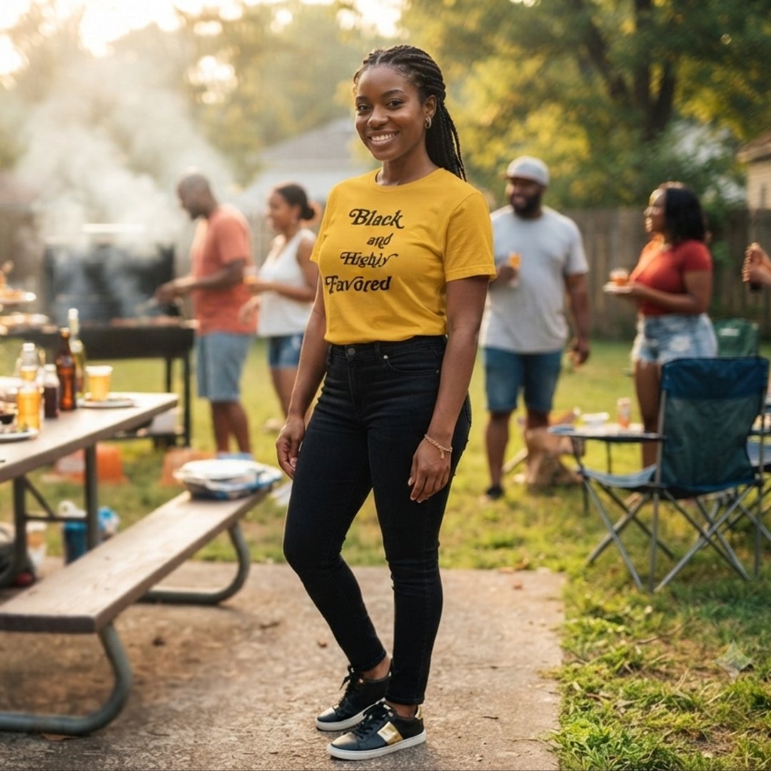 Black and Highly Favored gold T-shirt lifestyle cover