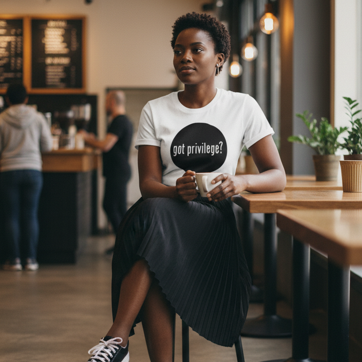 Woman wearing the Got Privilege? Premium T-Shirt in a café