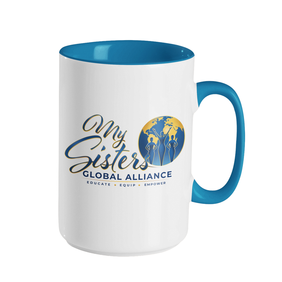 Blue and white MySGA ceramic mug on transparent background
