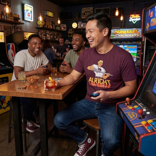 Alright Alright Premium Graphic Tee lifestyle image in maroon by Phat & Nerdy