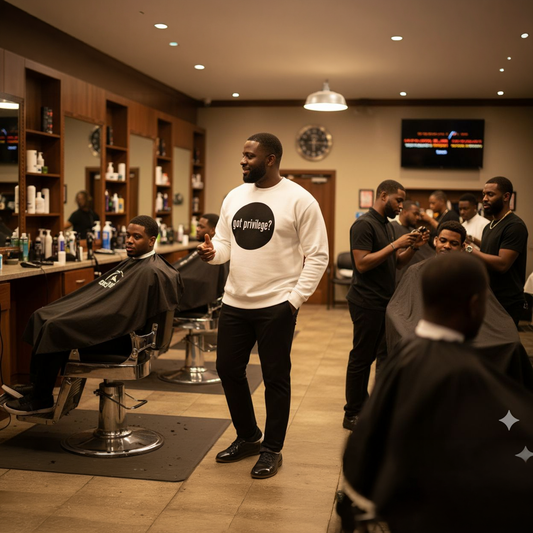 Man wearing a white Got Privilege? premium crewneck sweatshirt in a barbershop
