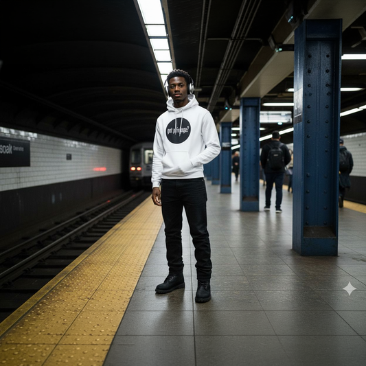 Man wearing a white Got Privilege? premium hoodie on a subway platform