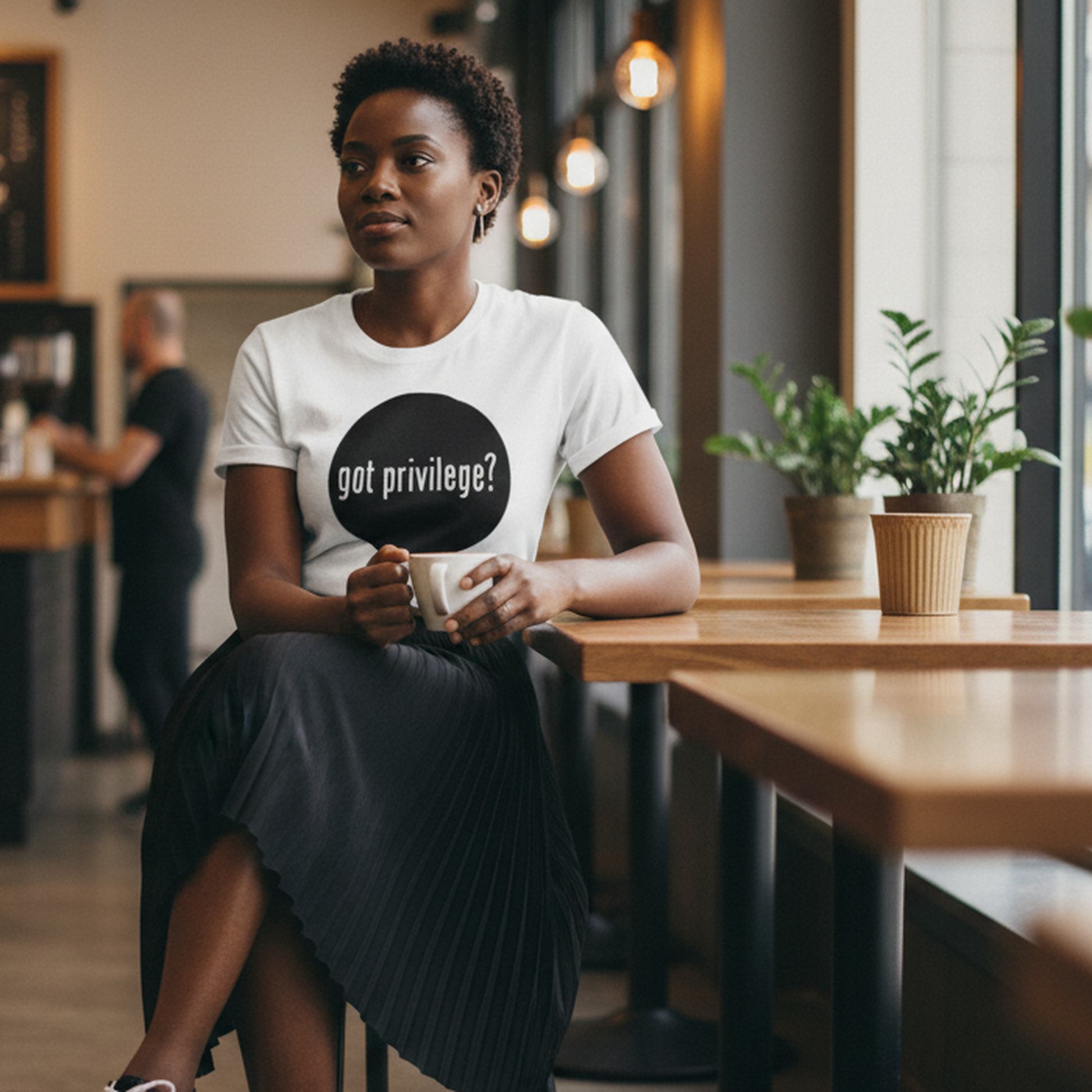 Woman wearing the Got Privilege? Premium T-Shirt in a café