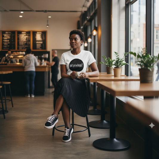 Woman wearing a white Got Privilege? premium T-shirt in a café