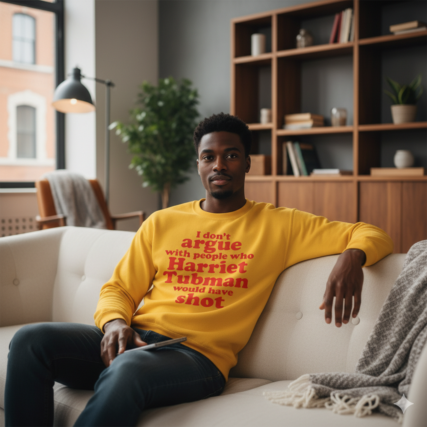 Gold I Don’t Argue premium crewneck sweatshirt with Harriet Tubman statement design