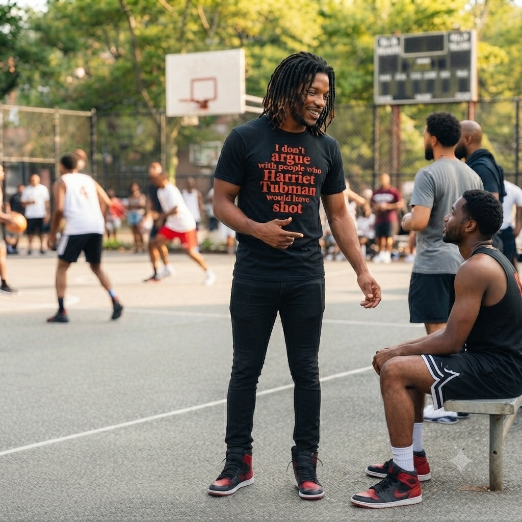 Man wearing the I Don’t Argue Harriet Tubman statement T-shirt at an outdoor basketball court